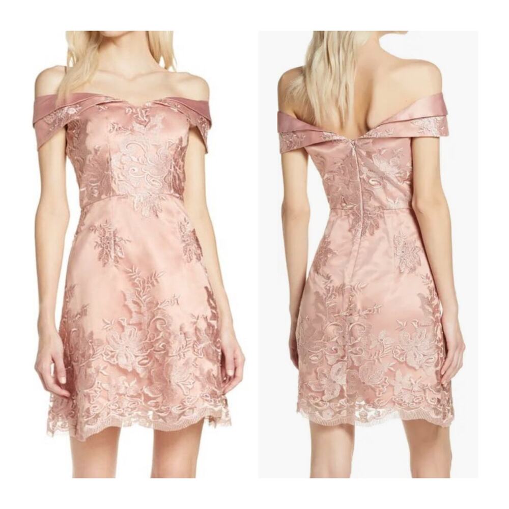 Chi Chi London Mini Dress Off the Shoulder Embroidered Pink Satin New